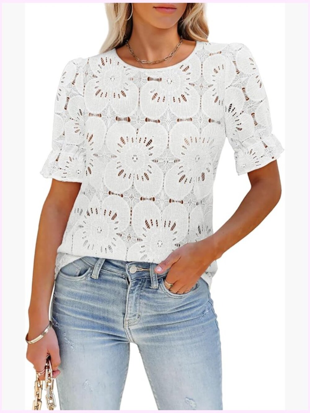 Eyelet Tops Puff Short Sleeve Blouses Dressy Casual Hollow Out Crochet Lace